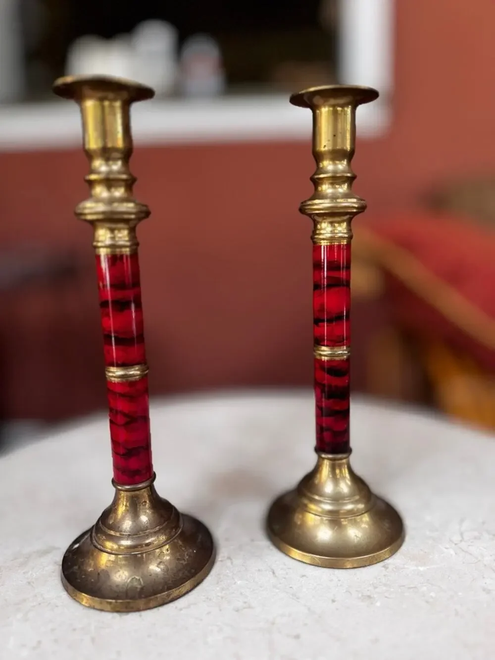 Vintage Brass Candlesticks Pair Red Faux Marble Enamel Column Stem 10